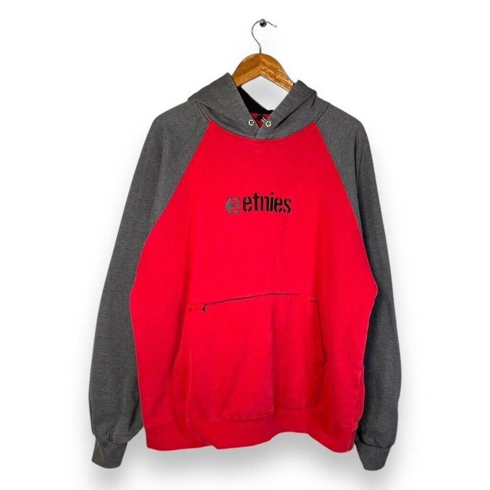 Vintage Y2k Etnies Embroidered Logo Graphic Hooded Pull Over Sweatshirt Sz Large